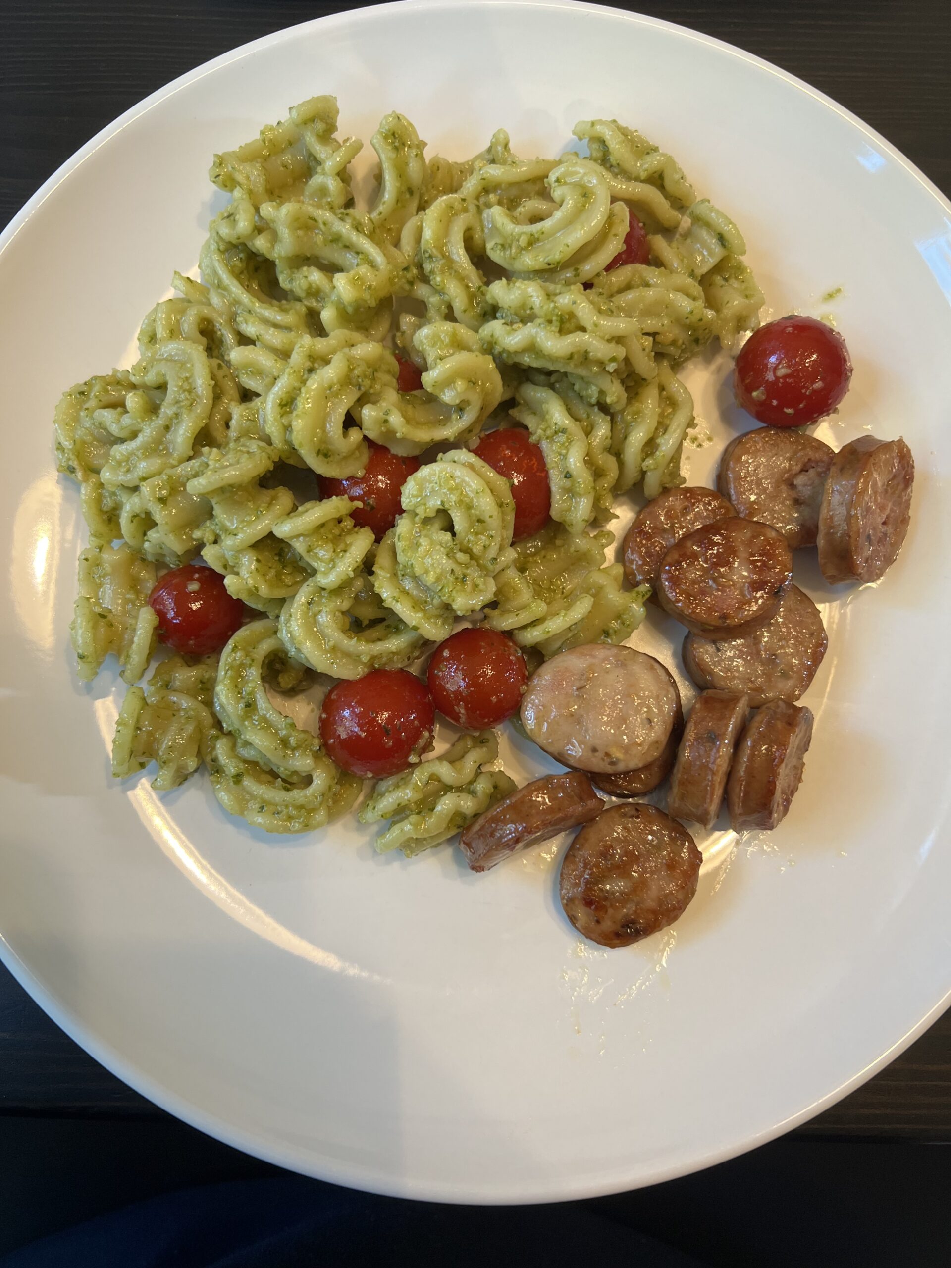 Pesto Pasta with Chicken Sausage and Cherry Tomatoes
