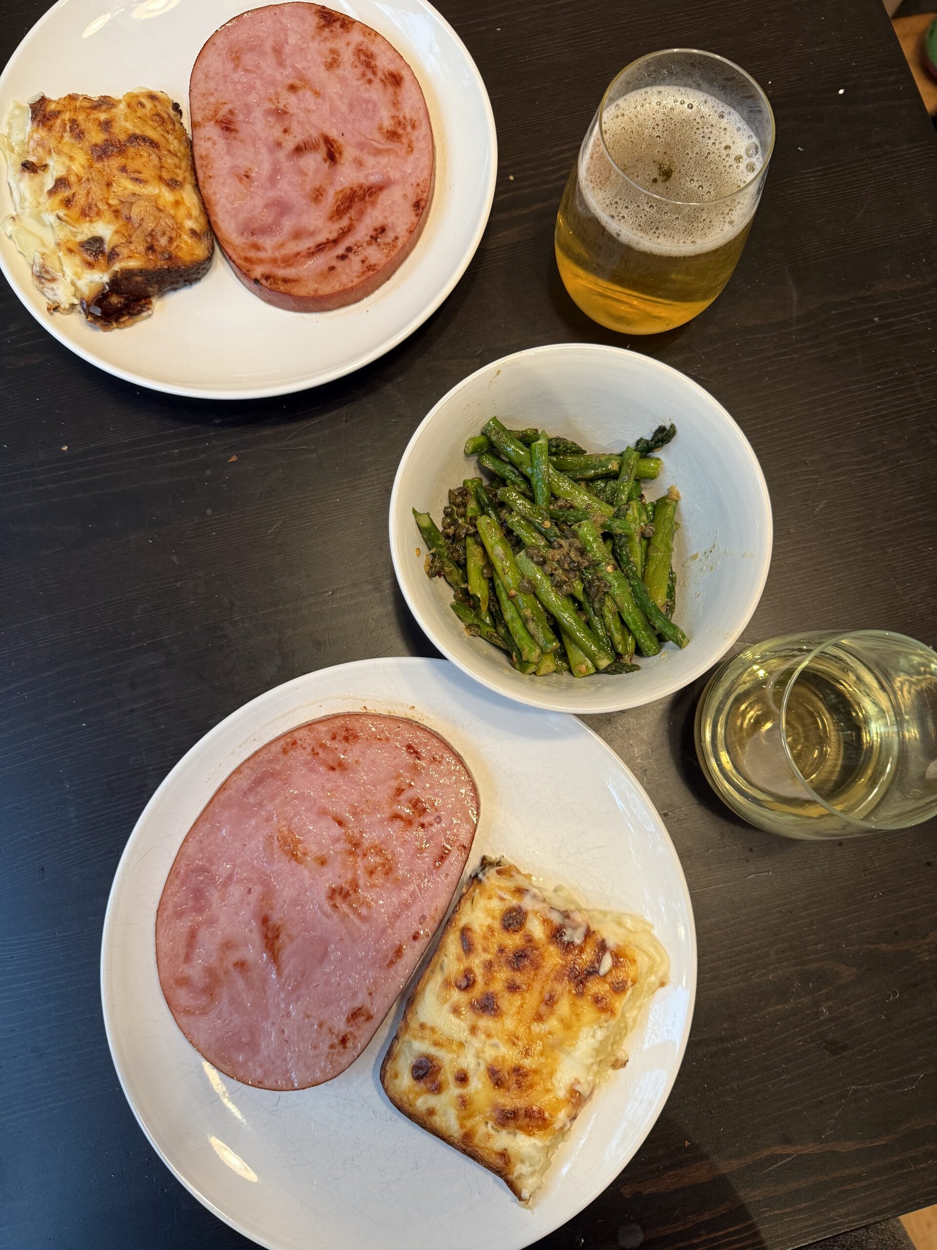 Ham Steaks, Scalloped Potatoes & Lemon Caper Asparagus